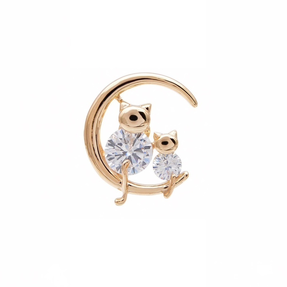 CZ Goldtone Cats On A Moon Brooch